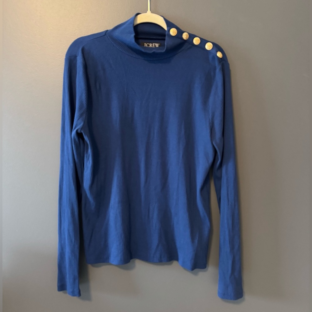 J. Crew Ribbed Navy Blue Turtleneck Gold Buttons. Preppy Top. Size Large.
